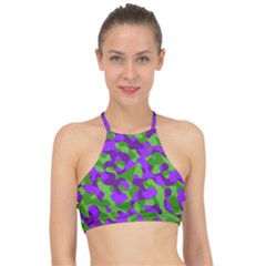 Purple And Green Camouflage Racer Front Bikini Top by SpinnyChairDesigns