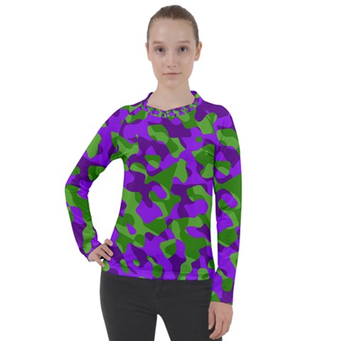 Purple And Green Camouflage Women s Pique Long Sleeve Tee by SpinnyChairDesigns