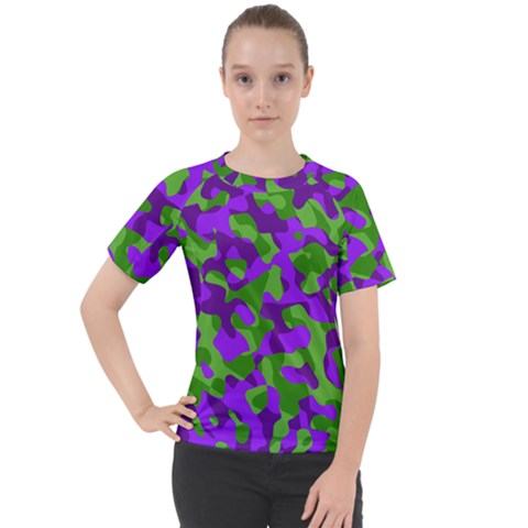 Purple And Green Camouflage Women s Sport Raglan Tee by SpinnyChairDesigns