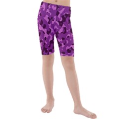 Dark Purple Camouflage Pattern Kids  Mid Length Swim Shorts by SpinnyChairDesigns