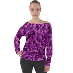 Dark Purple Camouflage Pattern Off Shoulder Long Sleeve Velour Top by SpinnyChairDesigns