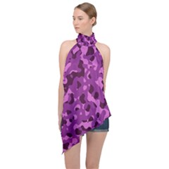 Dark Purple Camouflage Pattern Halter Asymmetric Satin Top by SpinnyChairDesigns