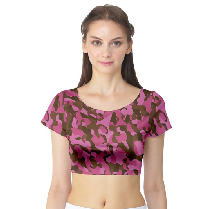 Pink and Brown Camouflage Short Sleeve Crop Top