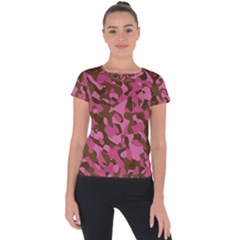 Pink And Brown Camouflage Short Sleeve Sports Top  by SpinnyChairDesigns