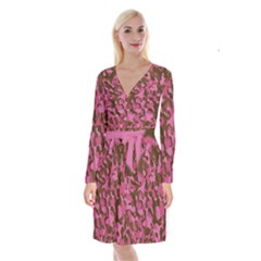 Pink And Brown Camouflage Long Sleeve Velvet Front Wrap Dress by SpinnyChairDesigns