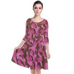 Pink And Brown Camouflage Quarter Sleeve Waist Band Dress by SpinnyChairDesigns