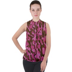 Pink And Brown Camouflage Mock Neck Chiffon Sleeveless Top by SpinnyChairDesigns