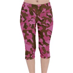 Pink And Brown Camouflage Velvet Capri Leggings  by SpinnyChairDesigns