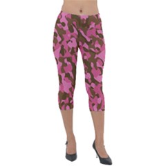 Pink And Brown Camouflage Lightweight Velour Capri Leggings  by SpinnyChairDesigns