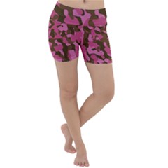 Pink And Brown Camouflage Lightweight Velour Yoga Shorts by SpinnyChairDesigns