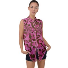 Pink And Brown Camouflage Sleeveless Chiffon Button Shirt