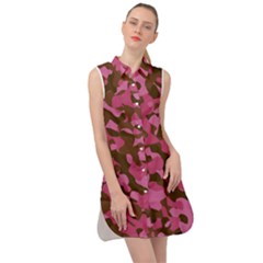 Pink And Brown Camouflage Sleeveless Shirt Dress by SpinnyChairDesigns