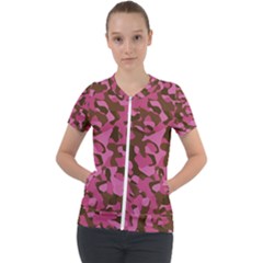 Pink And Brown Camouflage Short Sleeve Zip Up Jacket by SpinnyChairDesigns