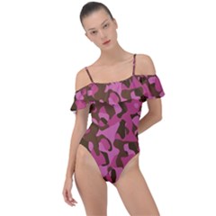 Pink And Brown Camouflage Frill Detail One Piece Swimsuit by SpinnyChairDesigns