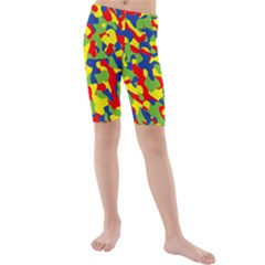 Colorful Rainbow Camouflage Pattern Kids  Mid Length Swim Shorts by SpinnyChairDesigns