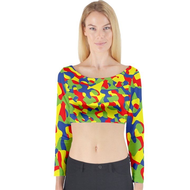 Colorful Rainbow Camouflage Pattern Long Sleeve Crop Top