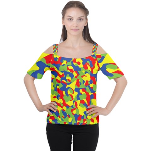 Colorful Rainbow Camouflage Pattern Cutout Shoulder Tee by SpinnyChairDesigns