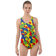 Colorful Rainbow Camouflage Pattern Cut-out Back One Piece Swimsuit by SpinnyChairDesigns