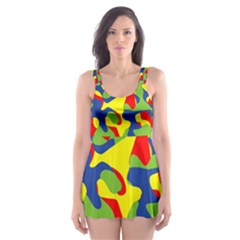 Colorful Rainbow Camouflage Pattern Skater Dress Swimsuit by SpinnyChairDesigns