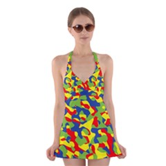 Colorful Rainbow Camouflage Pattern Halter Dress Swimsuit  by SpinnyChairDesigns