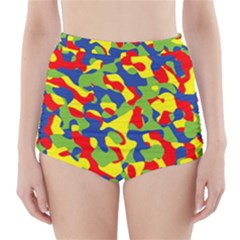 Colorful Rainbow Camouflage Pattern High-waisted Bikini Bottoms by SpinnyChairDesigns