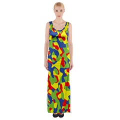 Colorful Rainbow Camouflage Pattern Thigh Split Maxi Dress by SpinnyChairDesigns