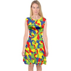 Colorful Rainbow Camouflage Pattern Capsleeve Midi Dress by SpinnyChairDesigns