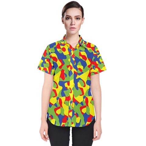 Colorful Rainbow Camouflage Pattern Women s Short Sleeve Shirt by SpinnyChairDesigns