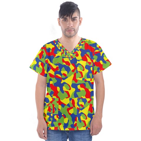 Colorful Rainbow Camouflage Pattern Men s V-neck Scrub Top by SpinnyChairDesigns