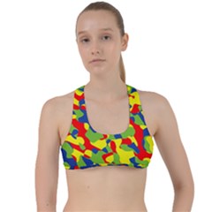 Colorful Rainbow Camouflage Pattern Criss Cross Racerback Sports Bra by SpinnyChairDesigns