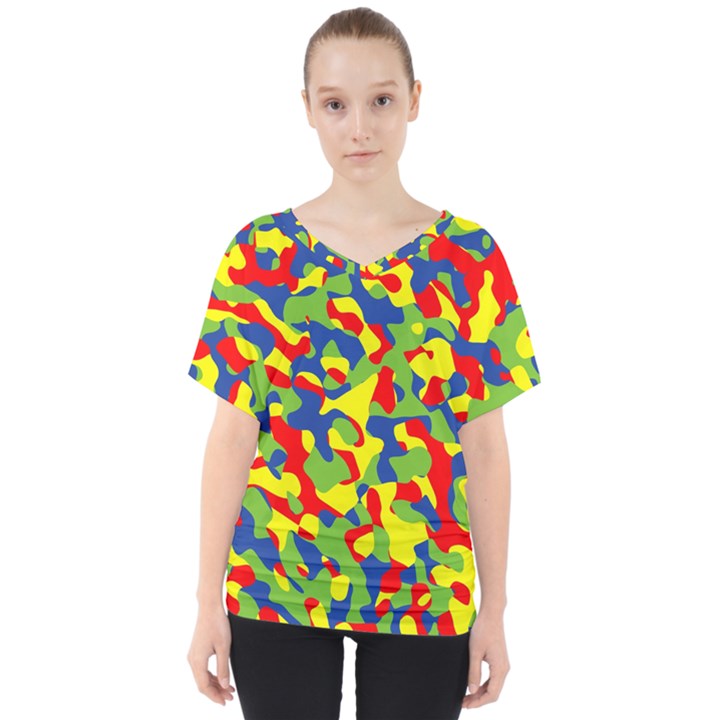 Colorful Rainbow Camouflage Pattern V-Neck Dolman Drape Top