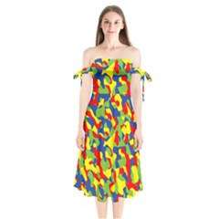 Colorful Rainbow Camouflage Pattern Shoulder Tie Bardot Midi Dress by SpinnyChairDesigns