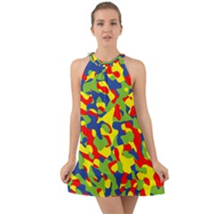 Colorful Rainbow Camouflage Pattern Halter Tie Back Chiffon Dress by SpinnyChairDesigns