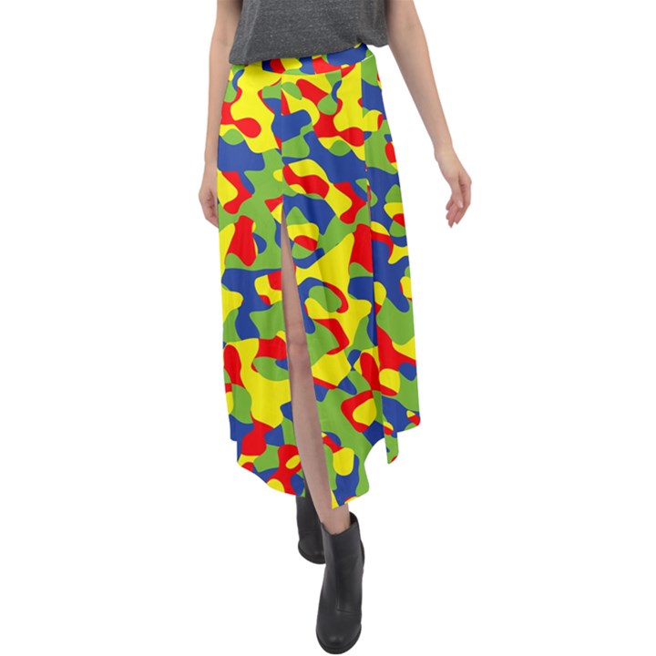 Colorful Rainbow Camouflage Pattern Velour Split Maxi Skirt