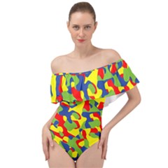 Colorful Rainbow Camouflage Pattern Off Shoulder Velour Bodysuit  by SpinnyChairDesigns