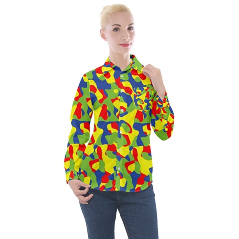 Colorful Rainbow Camouflage Pattern Women s Long Sleeve Pocket Shirt by SpinnyChairDesigns