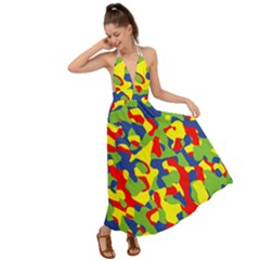 Colorful Rainbow Camouflage Pattern Backless Maxi Beach Dress by SpinnyChairDesigns