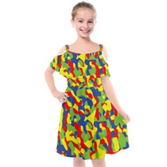 Colorful Rainbow Camouflage Pattern Kids  Cut Out Shoulders Chiffon Dress by SpinnyChairDesigns