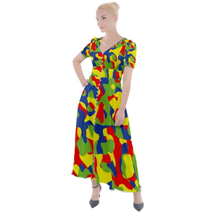 Colorful Rainbow Camouflage Pattern Button Up Short Sleeve Maxi Dress