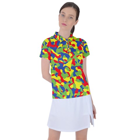 Colorful Rainbow Camouflage Pattern Women s Polo Tee by SpinnyChairDesigns