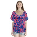 Blue and Pink Camouflage Pattern V-Neck Flutter Sleeve Top View1