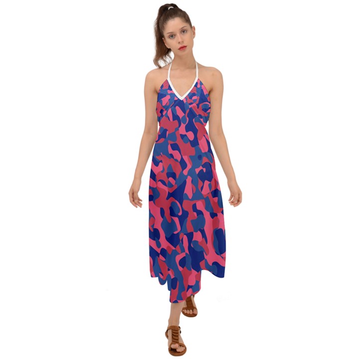 Blue and Pink Camouflage Pattern Halter Tie Back Dress 