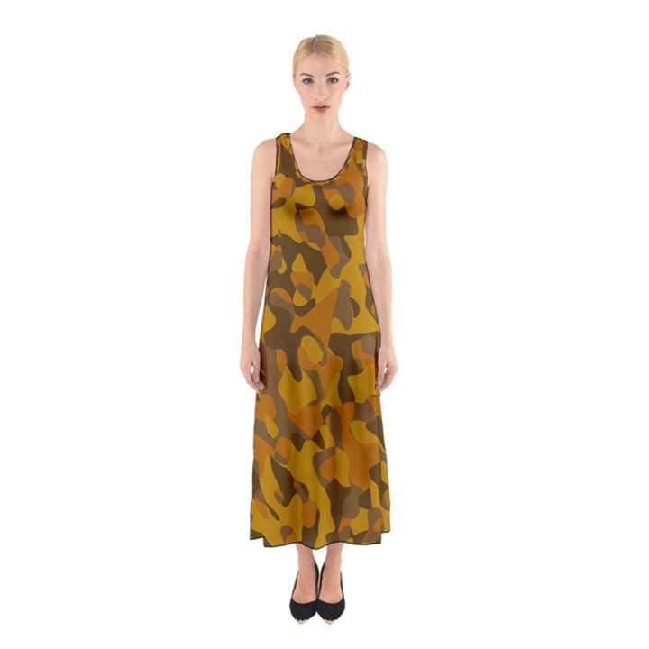 Brown and Orange Camouflage Sleeveless Maxi Dress