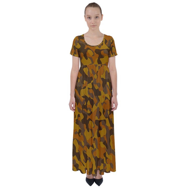 Brown and Orange Camouflage High Waist Short Sleeve Maxi Dress