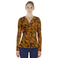 Brown And Orange Camouflage V-neck Long Sleeve Top by SpinnyChairDesigns