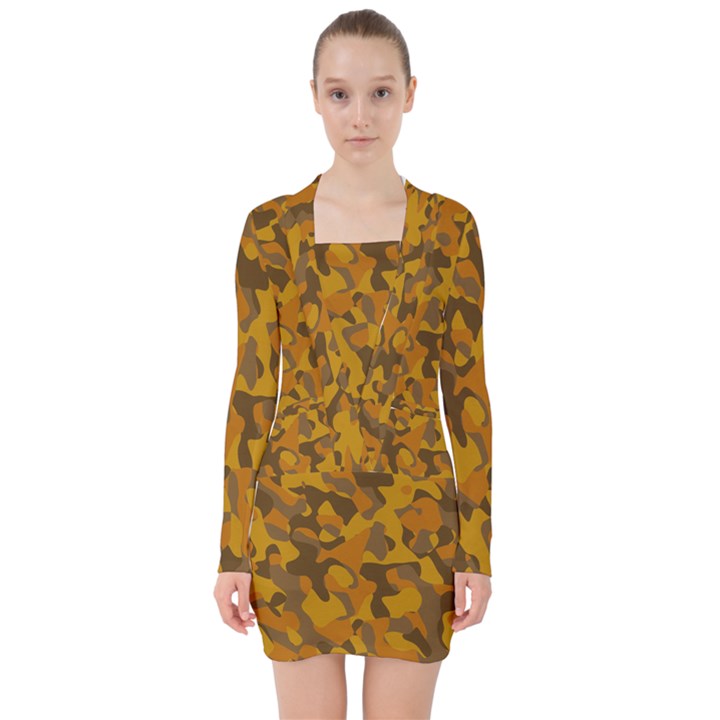 Brown and Orange Camouflage V-neck Bodycon Long Sleeve Dress