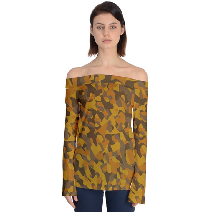 Brown and Orange Camouflage Off Shoulder Long Sleeve Top