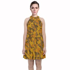 Brown And Orange Camouflage Velvet Halter Neckline Dress  by SpinnyChairDesigns