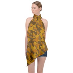 Brown And Orange Camouflage Halter Asymmetric Satin Top by SpinnyChairDesigns