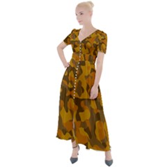 Brown And Orange Camouflage Button Up Short Sleeve Maxi Dress by SpinnyChairDesigns